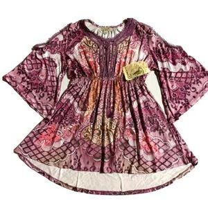 One World Women’s Cold Shoulder Top  elastic waist crochet details tassels S